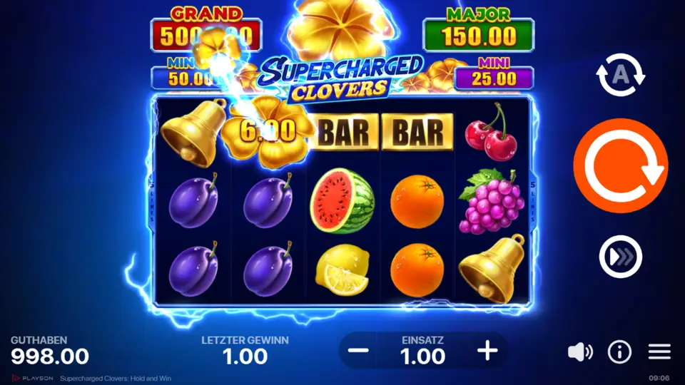 Supercharged Clovers Hold and Win Bonusspiel mit Sticky-Symbolen und Re-Spin-Zähler