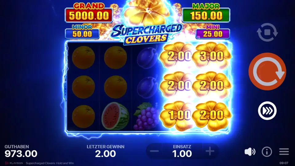 Collect-Symbol sammelt sichtbare Jackpot-Werte von Mini-, Minor- und Major-Feldern in Supercharged Clovers